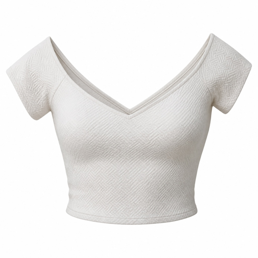 Arden B White Textured V-Neck Short Sleeve Crop Top